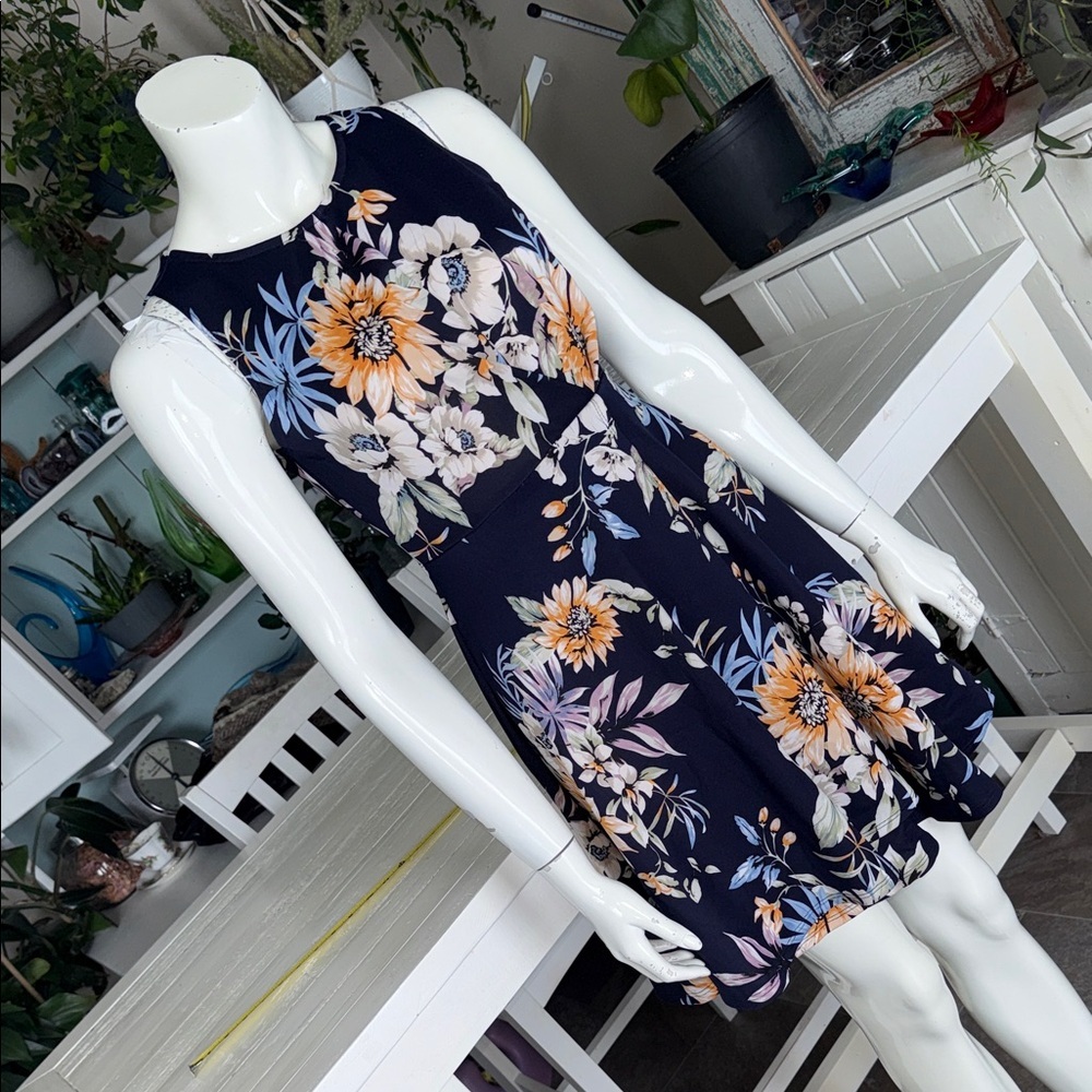 Suzy Shier Navy Floral Sleeveless Skater Dress NWOT Sm Vintage vibes